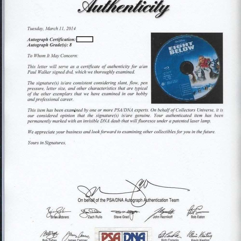 Blu Ray Autograph By The Late Paul Walker Authenticated By PSA/DNA.